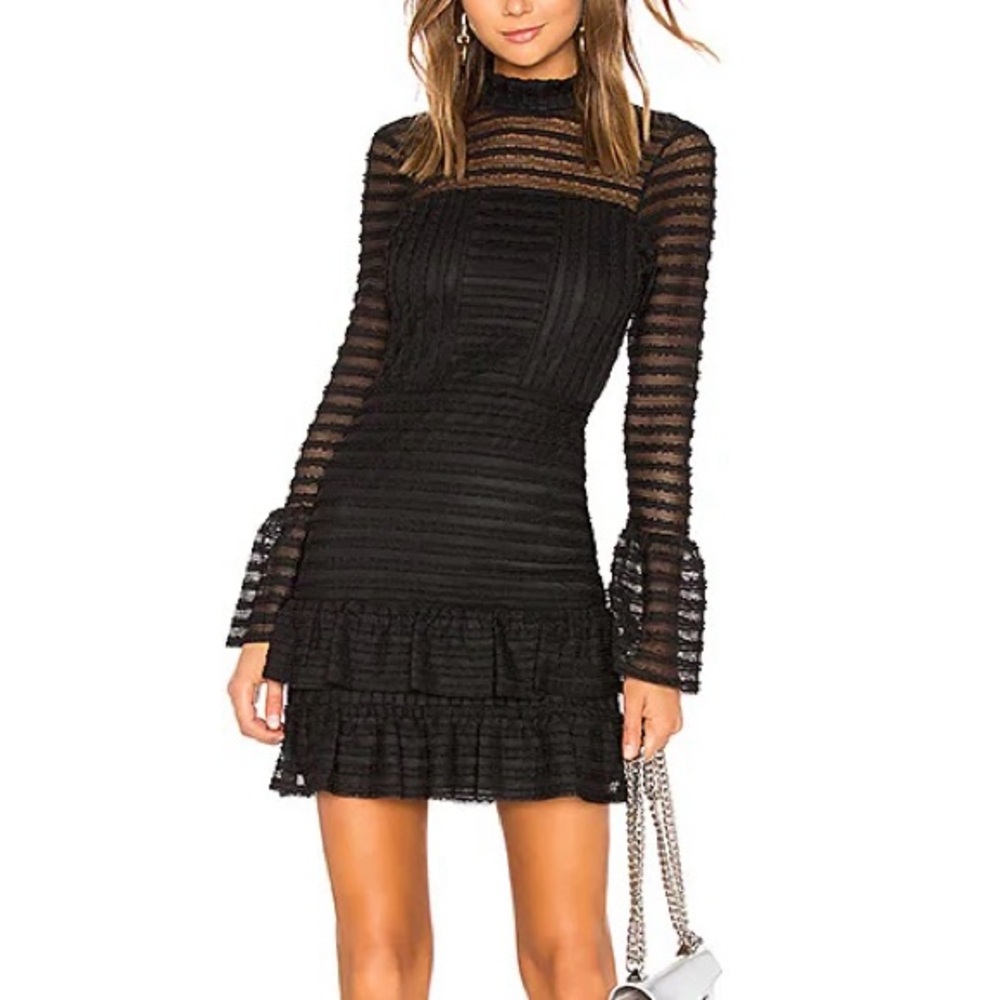 Parker Topanga Lace Mock Neck Tiered Mini Dress, Black Sheer Lace